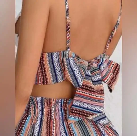 Crochet V-Neck Cami Crop Top and Tribal Print Shorts Two-Piece Set - Picture 2 of 5